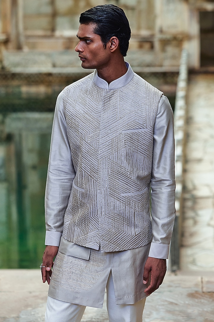 London Fog Silk Lace Embroidered Nehru Jacket by Dhruv Vaish at Pernia's Pop Up Shop