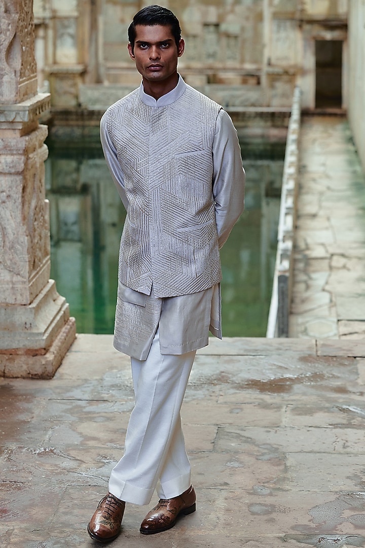 London Fog Silk Lace Embroidered Nehru Jacket by Dhruv Vaish at Pernia's Pop Up Shop