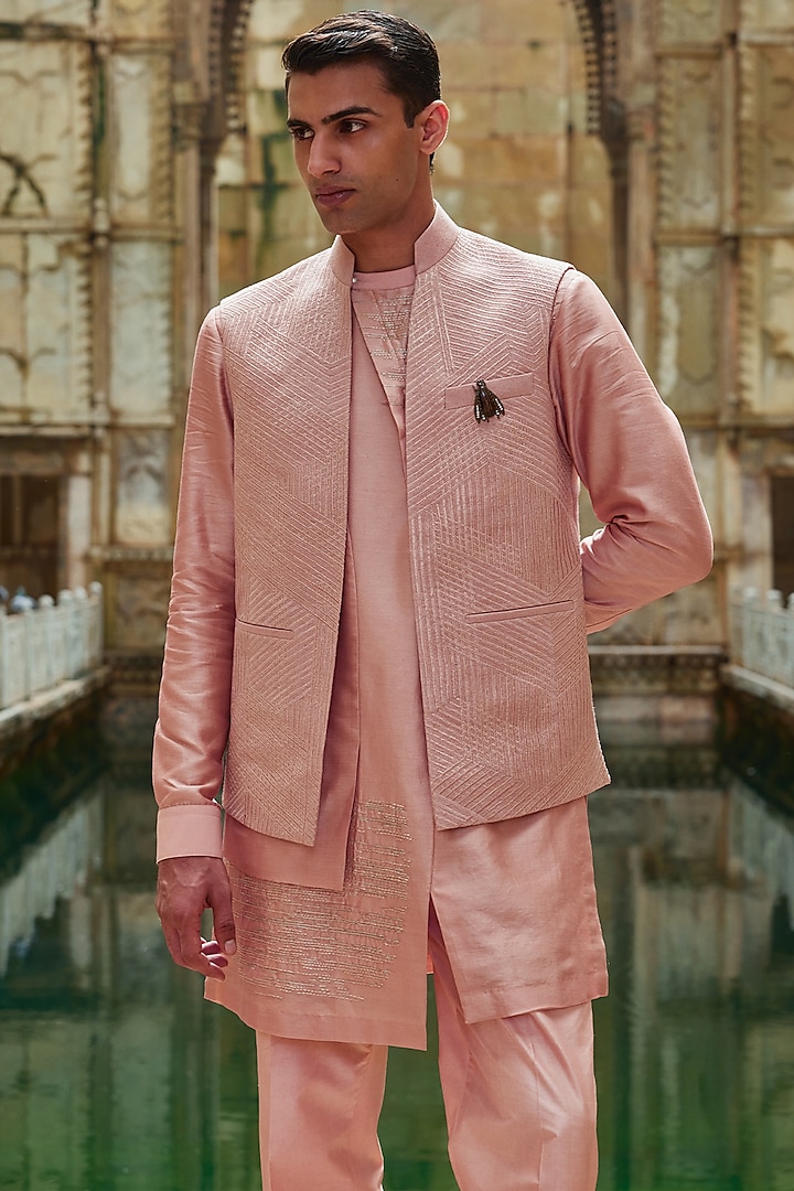 Onion Pink Silk Lace Embroidered Nehru Jacket by Dhruv Vaish at Pernia's Pop Up Shop