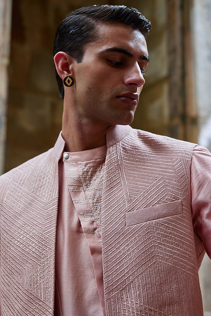 Onion Pink Silk Lace Embroidered Nehru Jacket by Dhruv Vaish at Pernia's Pop Up Shop