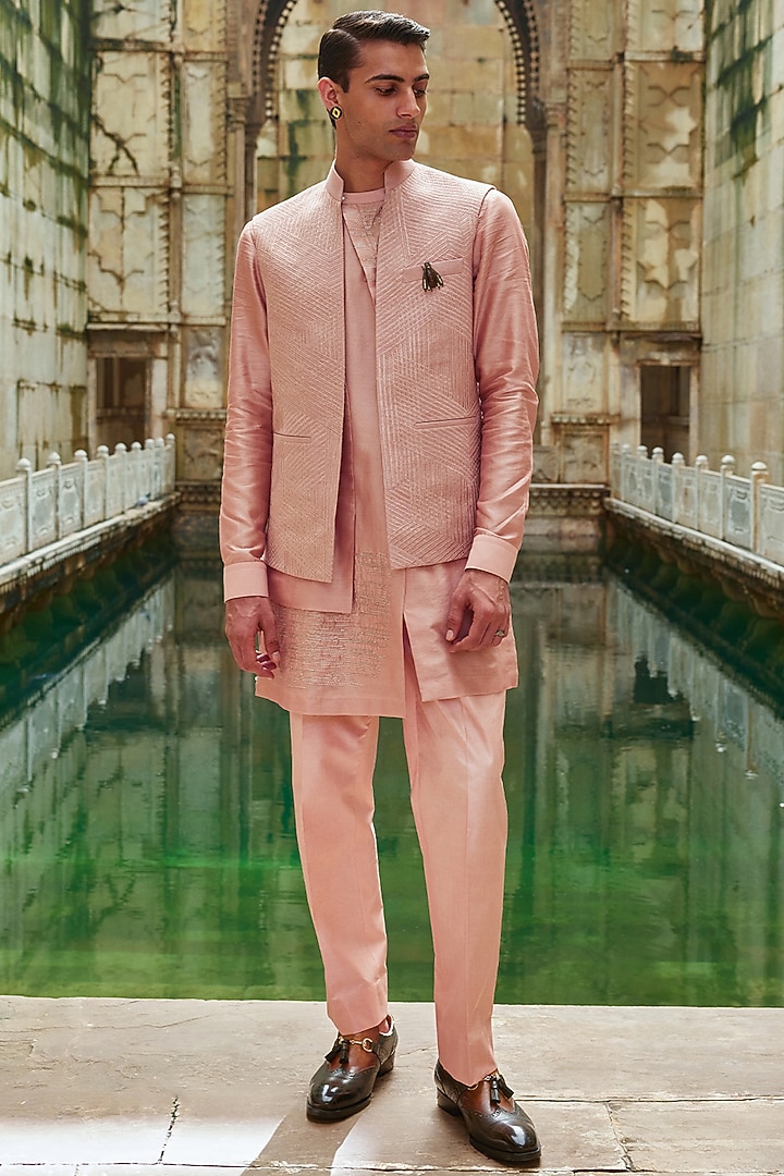 Onion Pink Silk Lace Embroidered Nehru Jacket by Dhruv Vaish at Pernia's Pop Up Shop
