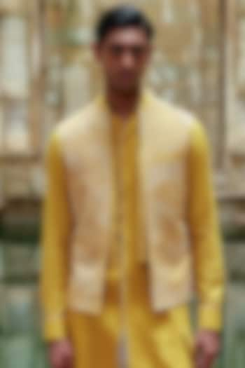 Marigold Yellow Silk Thread Embroidered Nehru Jacket by Dhruv Vaish at Pernia's Pop Up Shop