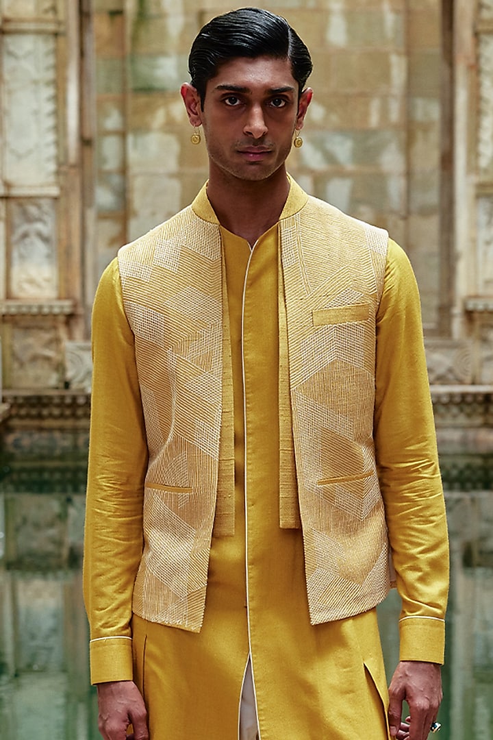 Marigold Yellow Silk Thread Embroidered Nehru Jacket by Dhruv Vaish at Pernia's Pop Up Shop