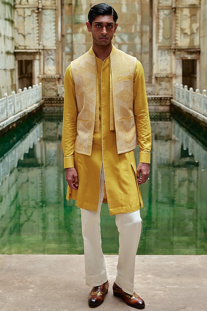 Marigold Yellow Silk Thread Embroidered Nehru Jacket by Dhruv Vaish at Pernia's Pop Up Shop