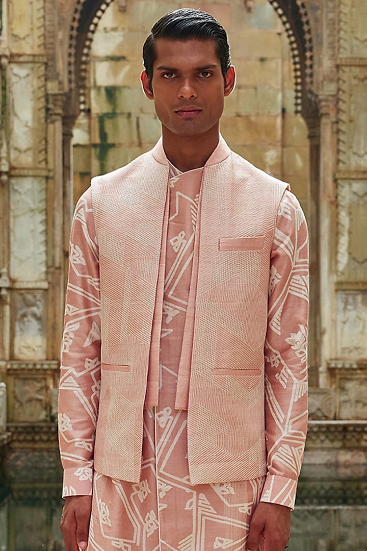 Onion Pink Silk Thread Embroidered Nehru Jacket by Dhruv Vaish at Pernia's Pop Up Shop