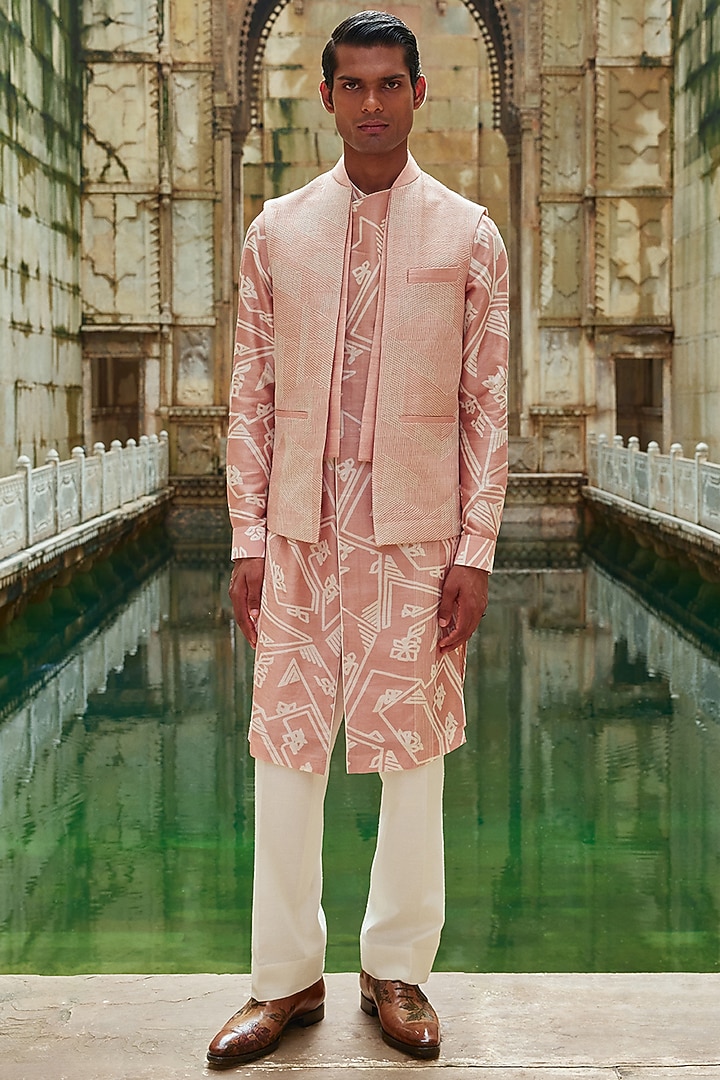 Onion Pink Silk Thread Embroidered Nehru Jacket by Dhruv Vaish at Pernia's Pop Up Shop