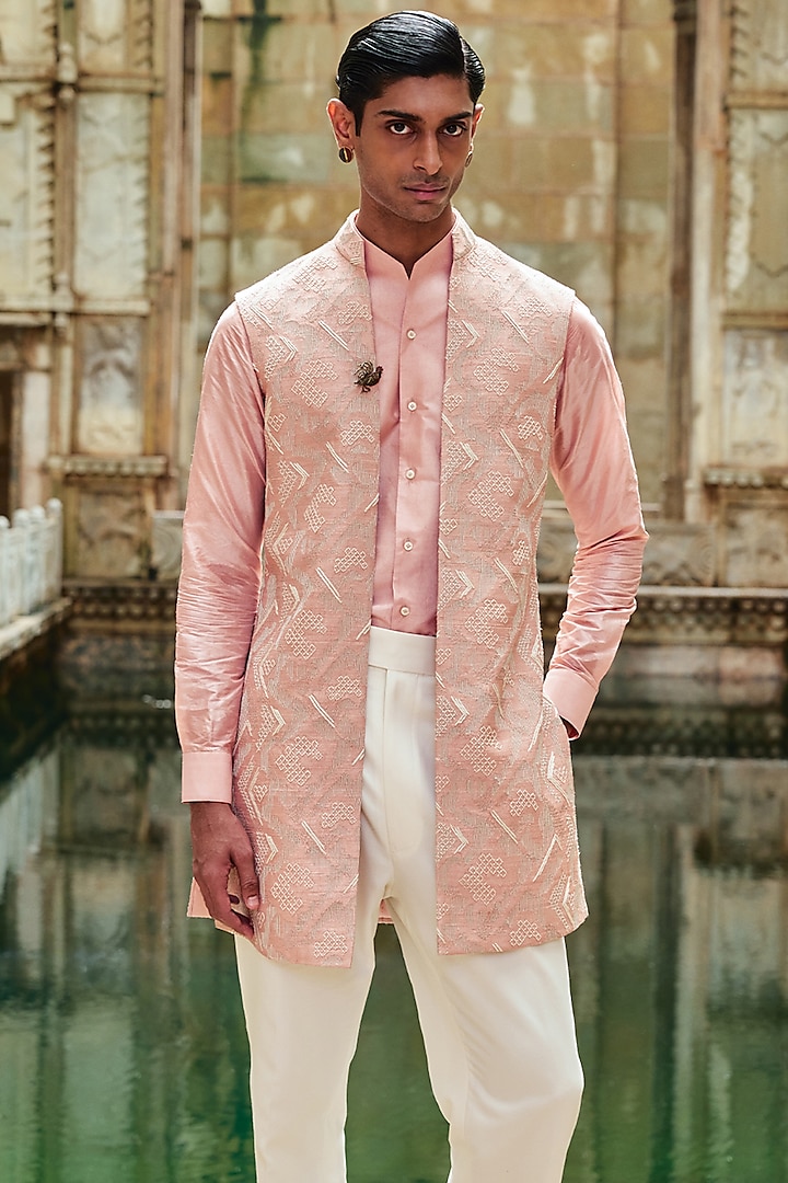 Onion Pink Silk Zari Embroidered Indowestern Jacket by Dhruv Vaish at Pernia's Pop Up Shop