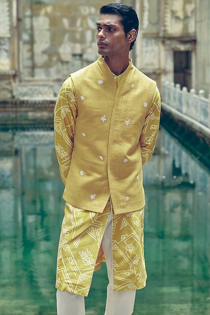 Marigold Yellow Silk Leaf Motif Embroidered Nehru Jacket by Dhruv Vaish