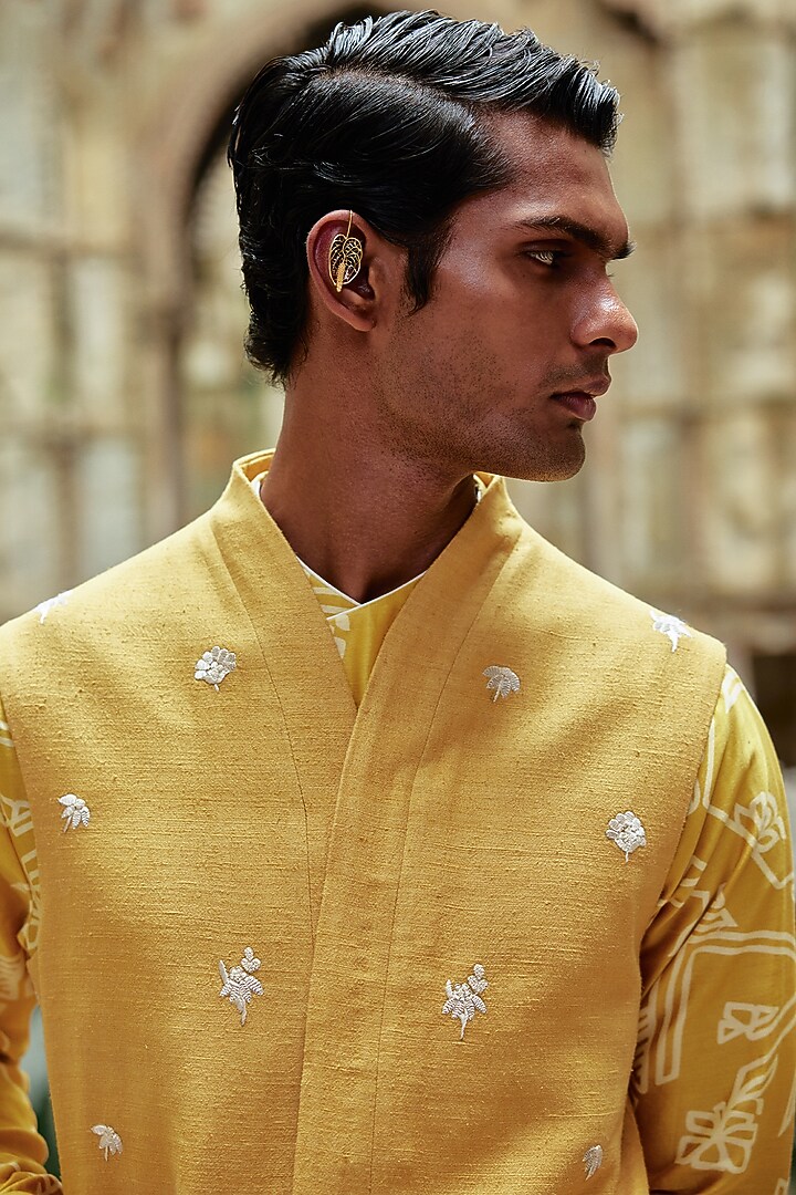 Marigold Yellow Silk Leaf Motif Embroidered Nehru Jacket by Dhruv Vaish at Pernia's Pop Up Shop
