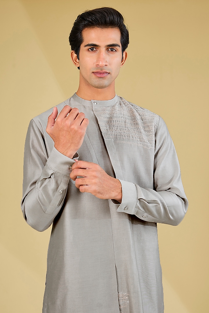 Grey Silk Zari Embroidered Layered Kurta Set by Dhruv Vaish at Pernia's Pop Up Shop