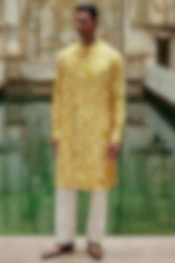 Marigold Yellow Chanderi Printed Kurta Set by Dhruv Vaish