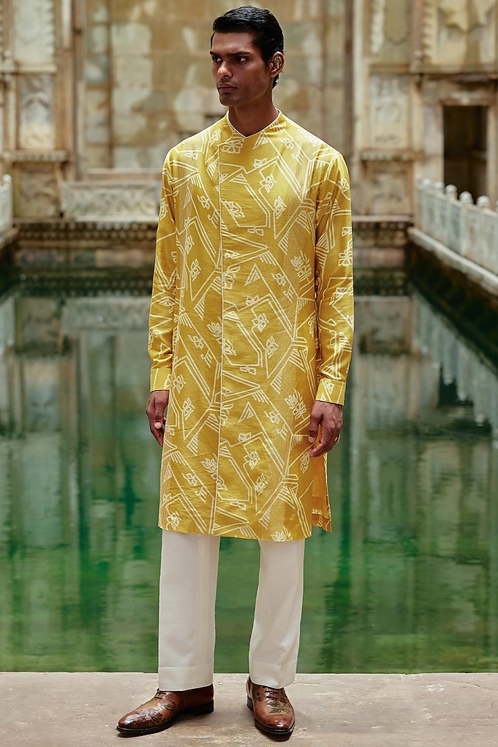 Marigold Yellow Chanderi Printed Kurta Set by Dhruv Vaish