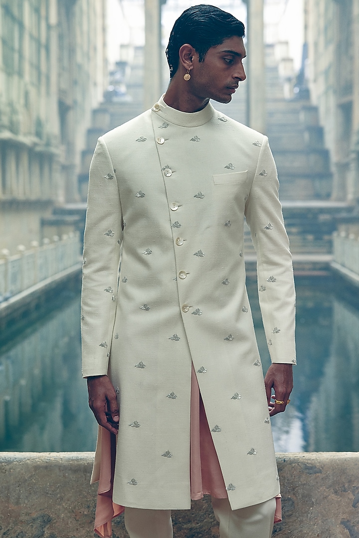 Ivory Silk Metal Stripe Embroidered Sherwani by Dhruv Vaish