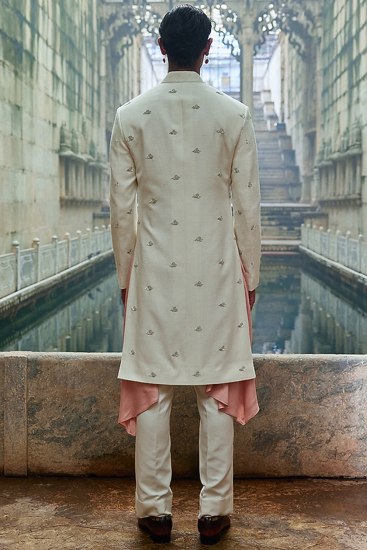 Ivory Silk Metal Stripe Embroidered Wedding Sherwani by Dhruv Vaish at Pernia's Pop Up Shop