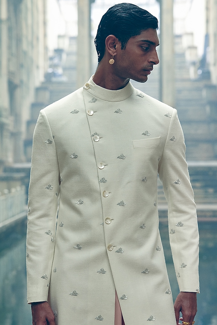 Ivory Silk Metal Stripe Embroidered Wedding Sherwani by Dhruv Vaish at Pernia's Pop Up Shop