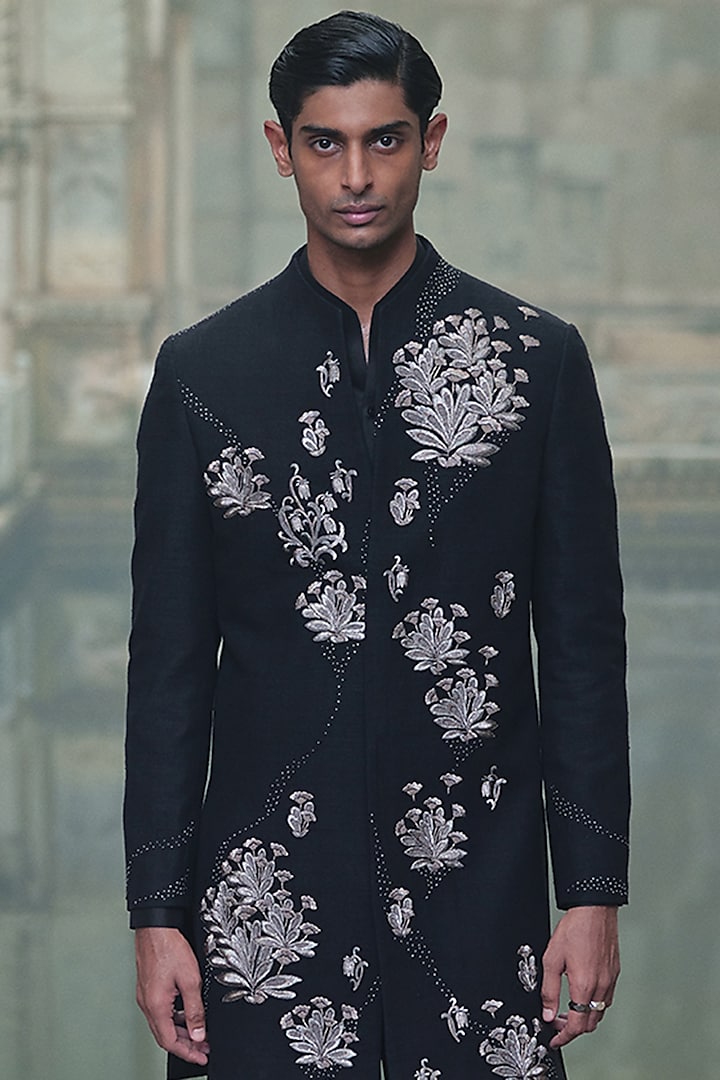 Black Silk Floral Motif Hand Embroidered Sherwani by Dhruv Vaish