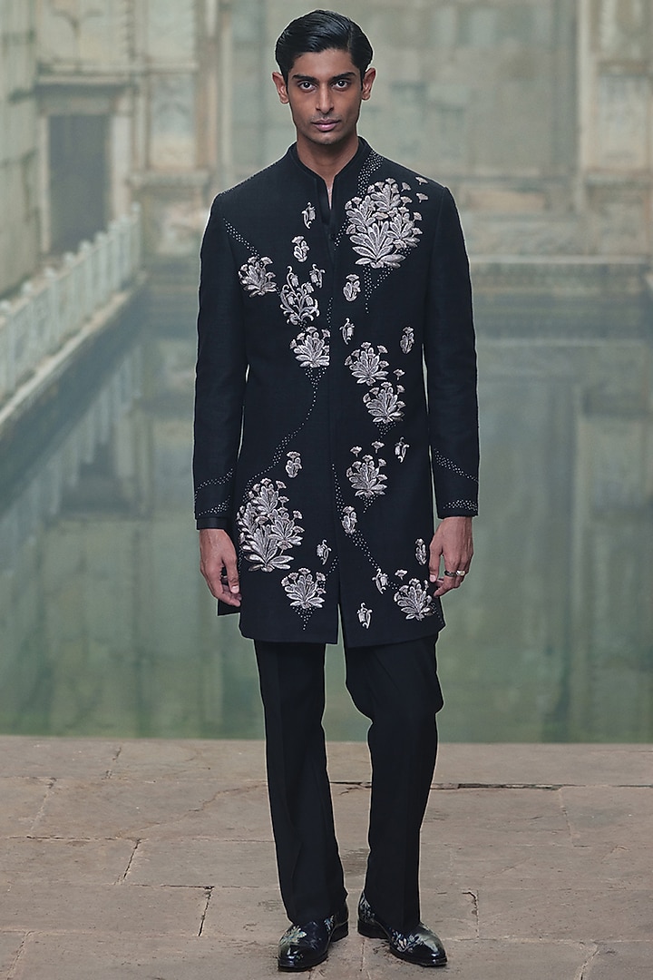 Black Silk Floral Motif Hand Embroidered Wedding Sherwani by Dhruv Vaish at Pernia's Pop Up Shop