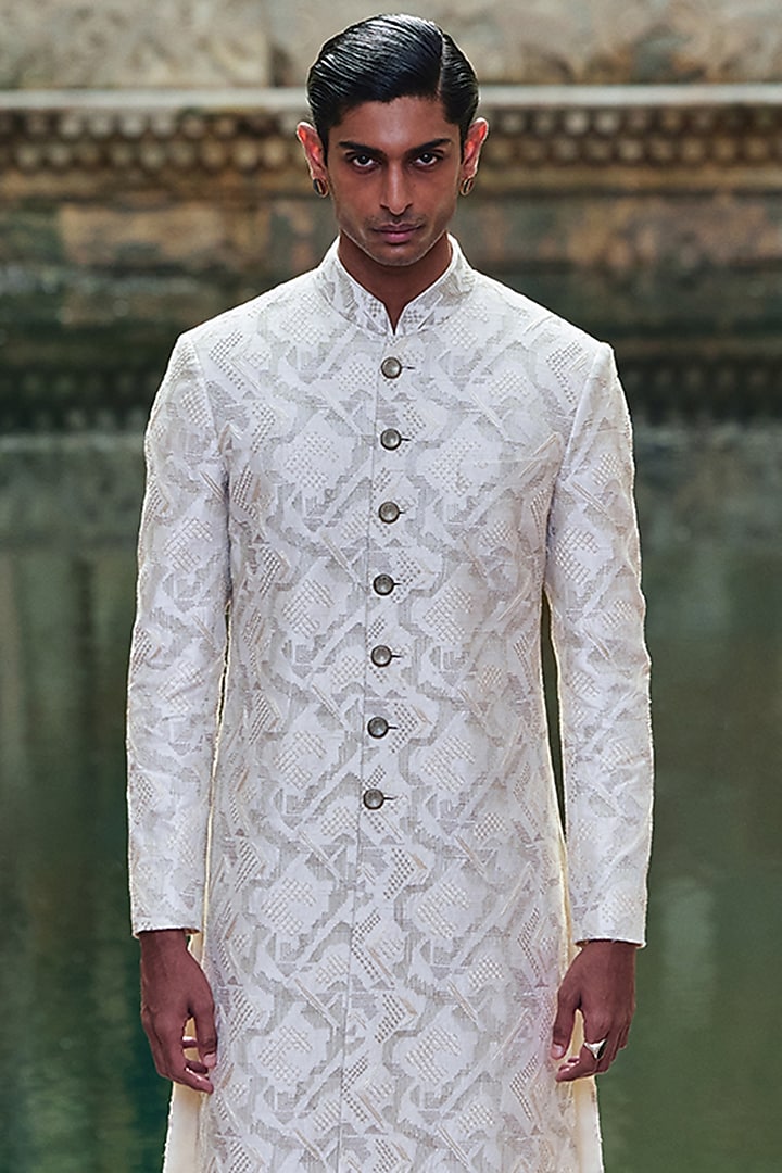 Ivory Silk Thread Hand Embroidered Groom Sherwani Set by Dhruv Vaish at Pernia's Pop Up Shop