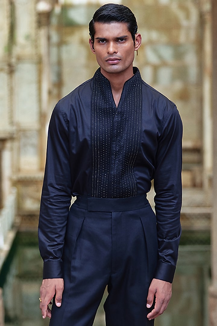 Black Cotton Satin Shirt by Dhruv Vaish at Pernia's Pop Up Shop