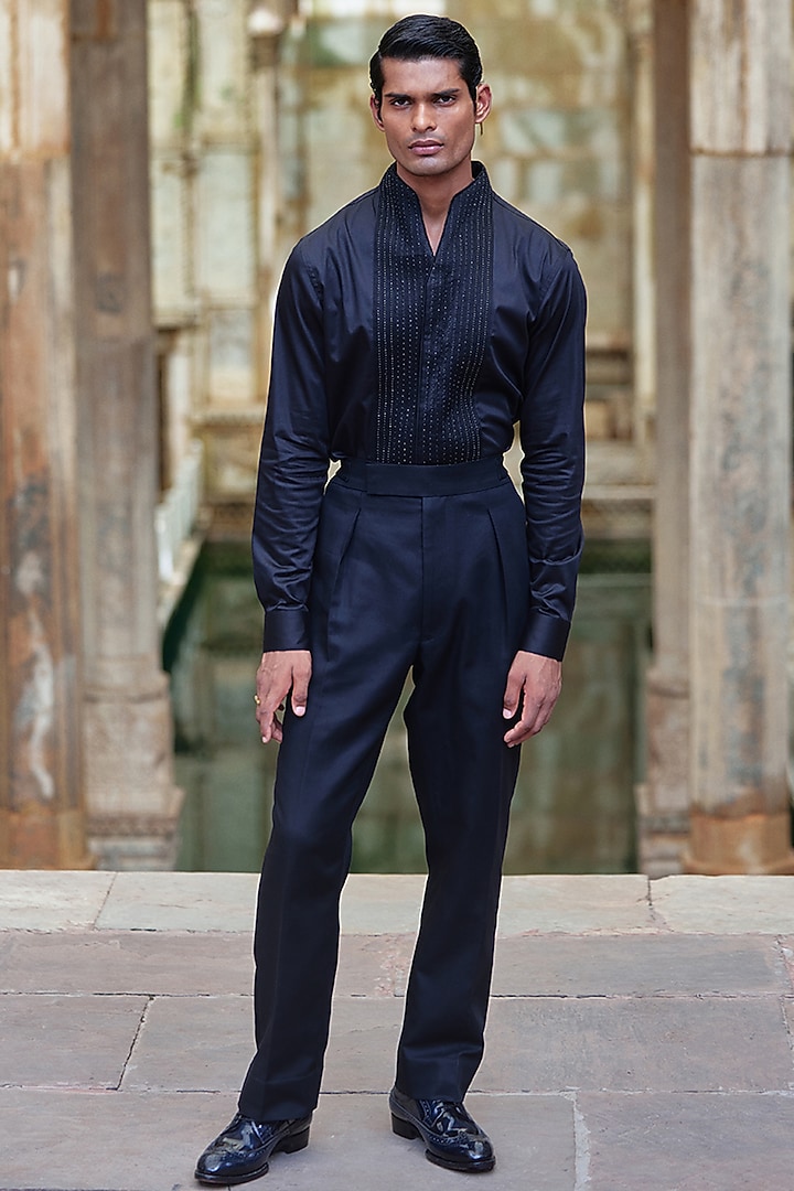 Black Cotton Satin Party Wear Shirt by Dhruv Vaish at Pernia's Pop Up Shop