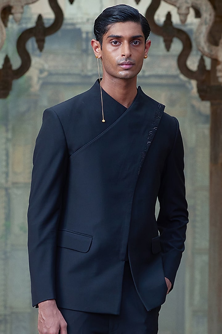 Black Terry Wool Flap Jacket Set by Dhruv Vaish at Pernia's Pop Up Shop