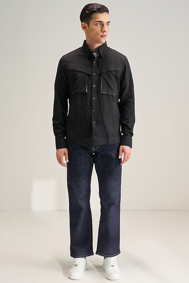 Black Handloom Cotton Utility Shacket by Dhruv Vaish at Pernia's Pop Up Shop