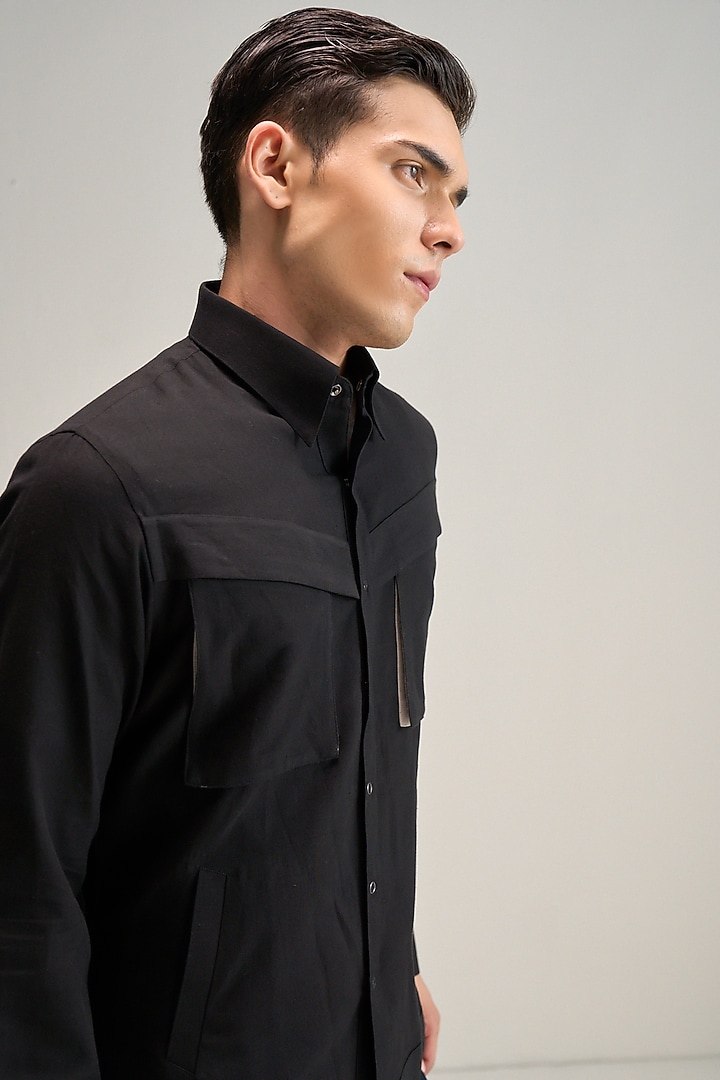 Black Handloom Cotton Utility Shacket by Dhruv Vaish at Pernia's Pop Up Shop