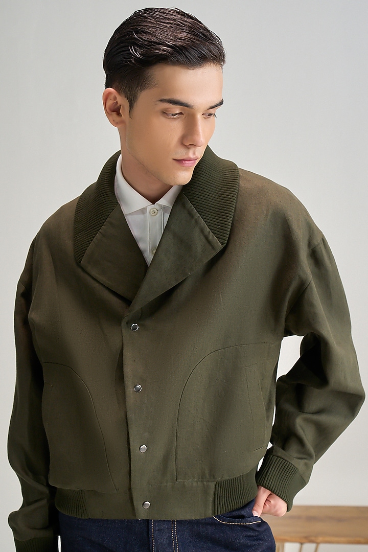 Olive Linen Jacket by Dhruv Vaish at Pernia's Pop Up Shop