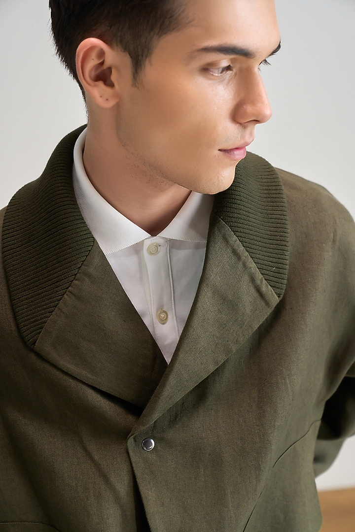 Olive Linen Jacket by Dhruv Vaish at Pernia's Pop Up Shop