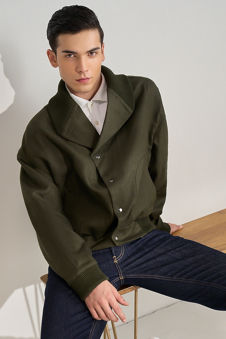 Olive Linen Jacket by Dhruv Vaish at Pernia's Pop Up Shop