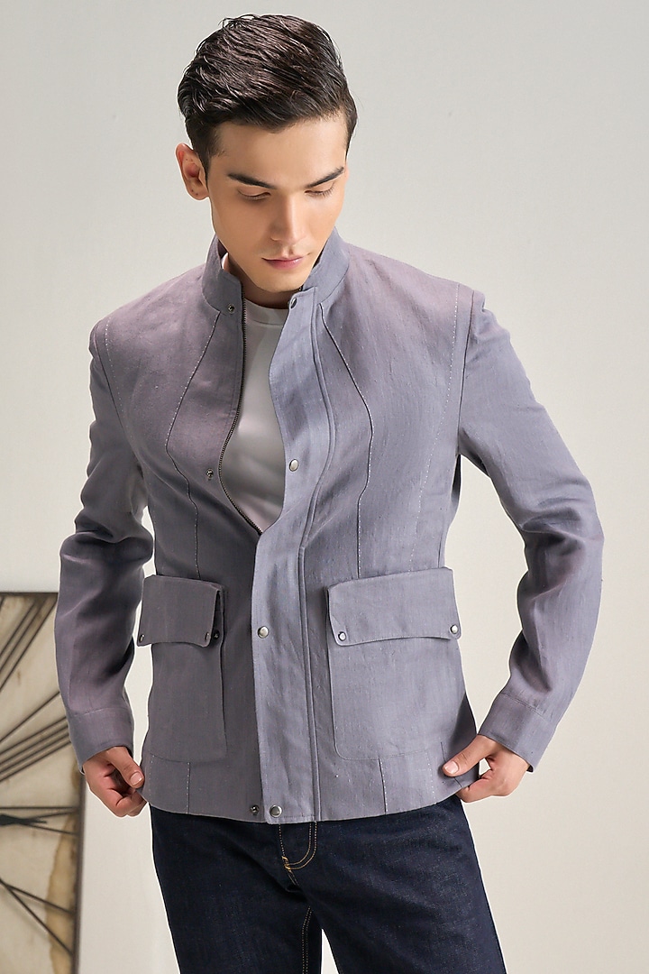 Slate Grey Linen Jacket by Dhruv Vaish at Pernia's Pop Up Shop