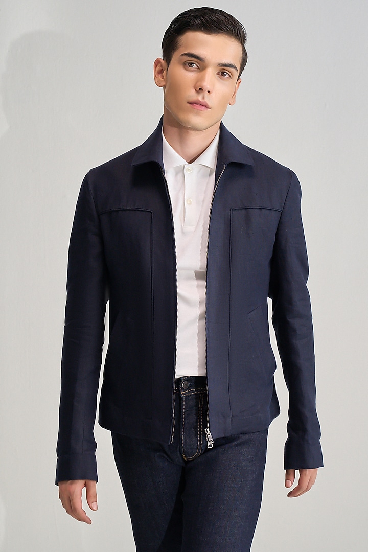 Navy Linen Jacket by Dhruv Vaish at Pernia's Pop Up Shop