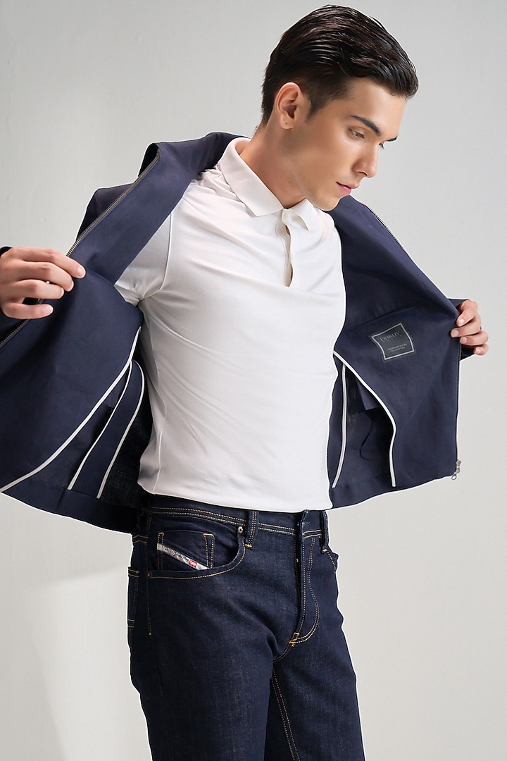 Navy Linen Jacket by Dhruv Vaish at Pernia's Pop Up Shop