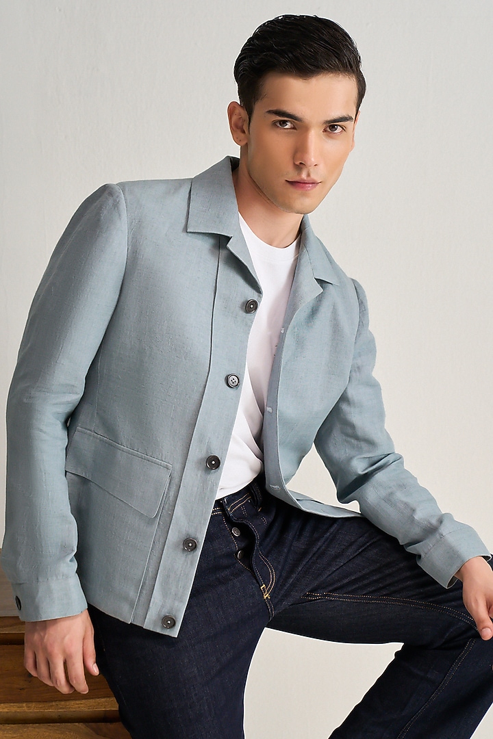 Marble Blue Handloom Cotton Linen Jacket by Dhruv Vaish at Pernia's Pop Up Shop