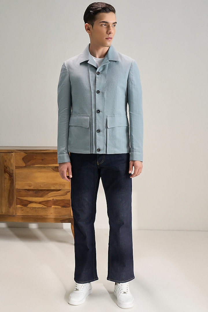 Marble Blue Handloom Cotton Linen Jacket by Dhruv Vaish at Pernia's Pop Up Shop