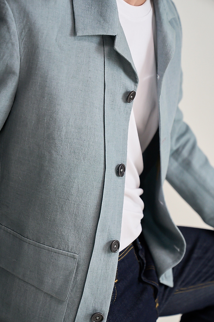 Marble Blue Handloom Cotton Linen Jacket by Dhruv Vaish at Pernia's Pop Up Shop