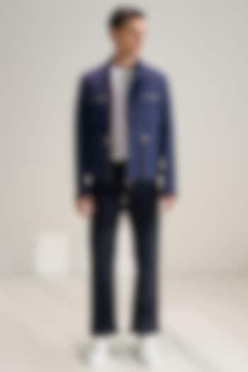 Navy Blue Handloom Cotton Linen Jacket by Dhruv Vaish at Pernia's Pop Up Shop