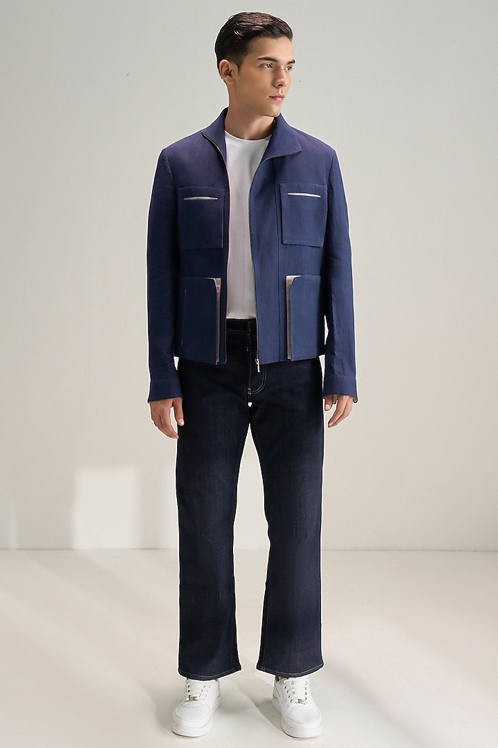 Navy Blue Handloom Cotton Linen Jacket by Dhruv Vaish at Pernia's Pop Up Shop
