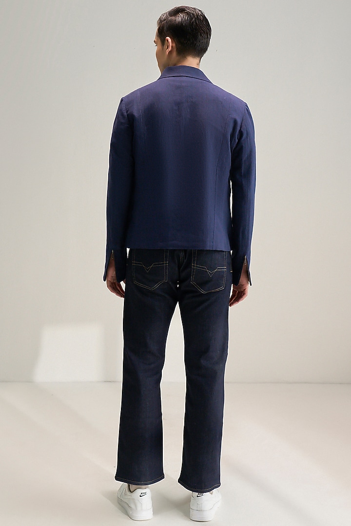 Navy Blue Handloom Cotton Linen Jacket by Dhruv Vaish at Pernia's Pop Up Shop