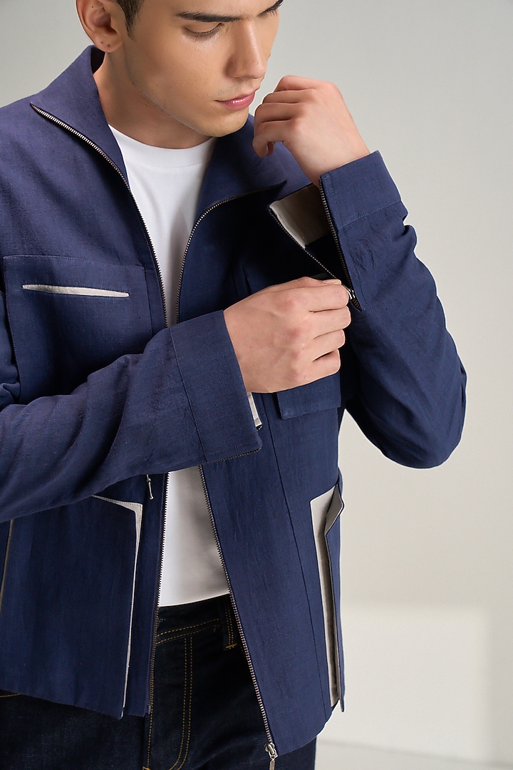 Navy Blue Handloom Cotton Linen Jacket by Dhruv Vaish at Pernia's Pop Up Shop