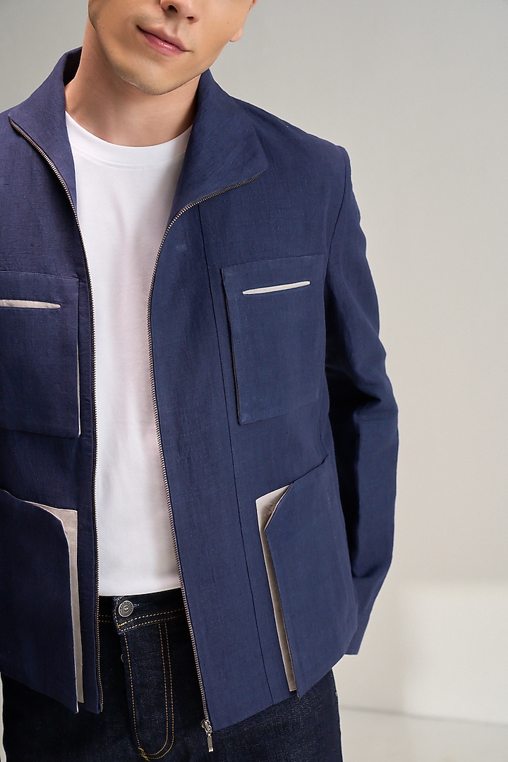 Navy Blue Handloom Cotton Linen Jacket by Dhruv Vaish at Pernia's Pop Up Shop