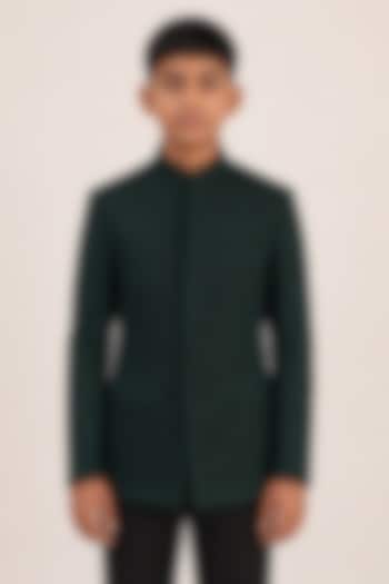 Bottle Green Silk Bandhgala For Boys by Dhruv Vaish Kids at Pernia's Pop Up Shop