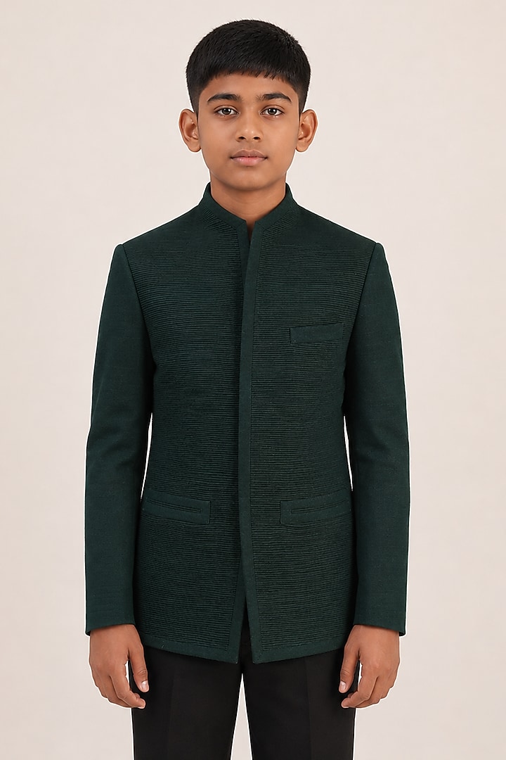 Bottle Green Silk Bandhgala For Boys by Dhruv Vaish Kids at Pernia's Pop Up Shop
