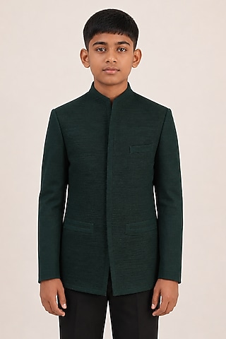 Bottle Green Silk Bandhgala For Boys by Dhruv Vaish Kids
