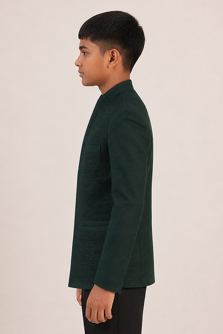 Bottle Green Silk Bandhgala For Boys by Dhruv Vaish Kids at Pernia's Pop Up Shop