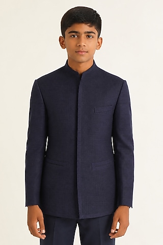 Navy Silk Bandhgala For Boys by Dhruv Vaish Kids