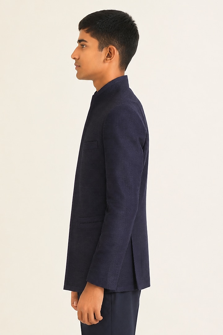 Navy Silk Bandhgala For Boys by Dhruv Vaish Kids at Pernia's Pop Up Shop
