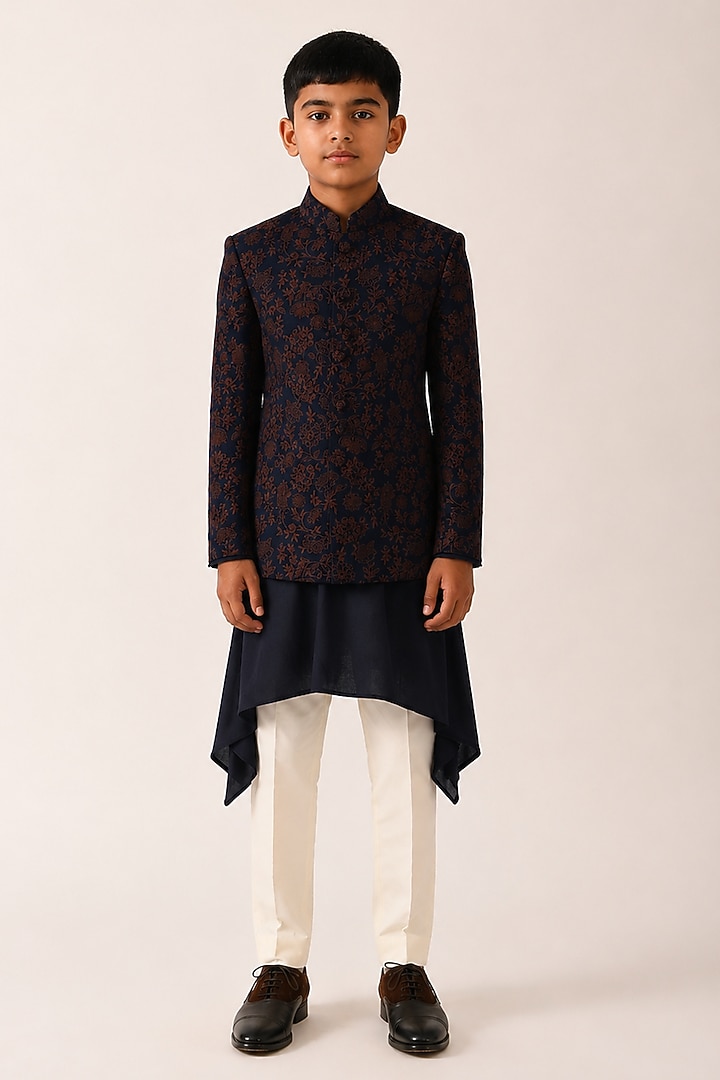 Navy Silk Embroidered Bandhgala For Boys by Dhruv Vaish Kids at Pernia's Pop Up Shop