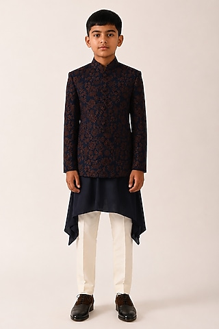 Navy Silk Embroidered Bandhgala For Boys by Dhruv Vaish Kids