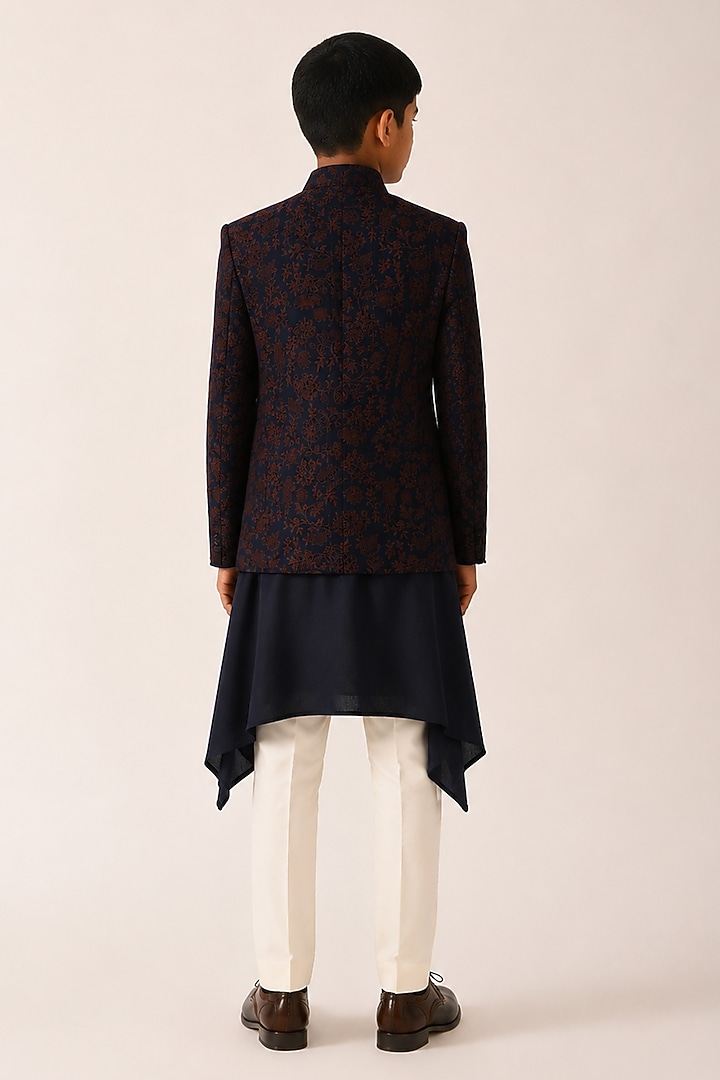 Navy Silk Embroidered Bandhgala For Boys by Dhruv Vaish Kids at Pernia's Pop Up Shop